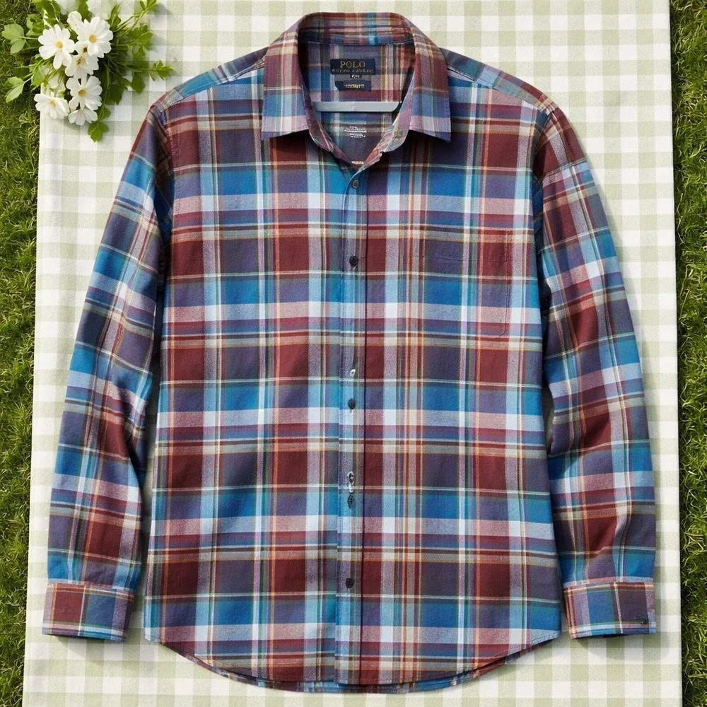 Polo Ralph Lauren Men XXL Custom Fit Plaid Button Down Shirt Blue Burgundy Tan